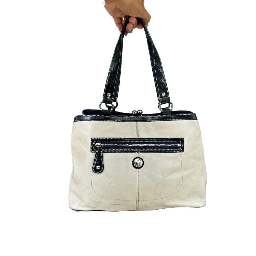 Coach Handbag Purse Bag F14866 Laura Kisslock Framed Blue Ivory Leather